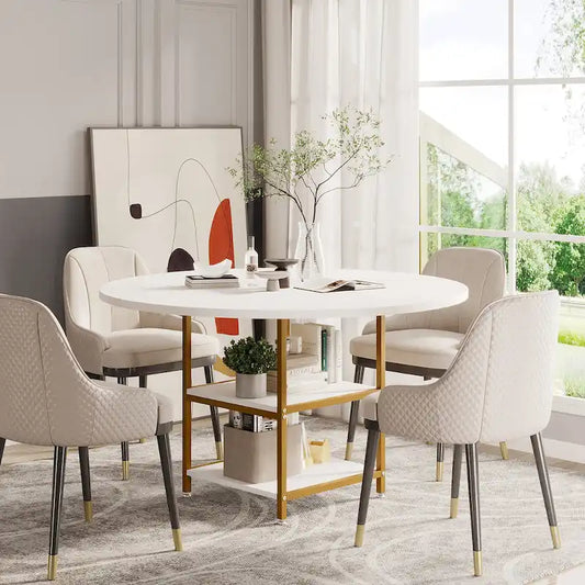 Round Dining Table with Storage Shelves for Kitchen Dining Room