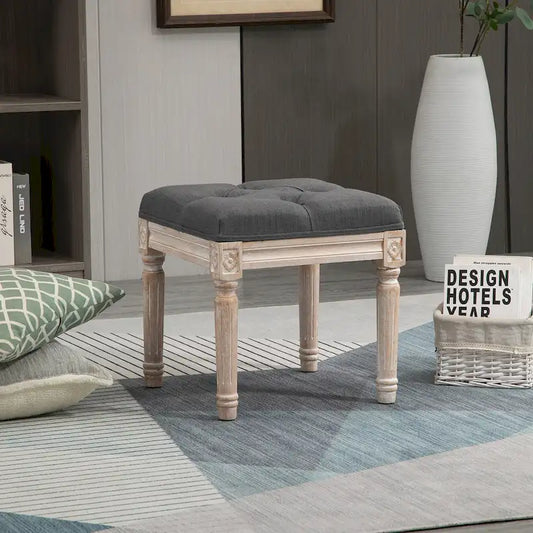 HOMCOM 15.75 Vintage Ottoman, Tufted Foot Stool with Upholstered Seat, Rustic Wood Legs for Bedroom, Living Room