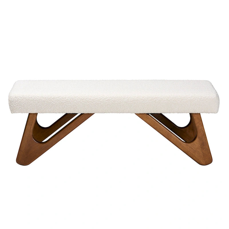 Rika Japandi Cream Boucle Fabric and Walnut Brown Finished Wood Bench