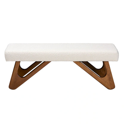 Rika Japandi Cream Boucle Fabric and Walnut Brown Finished Wood Bench
