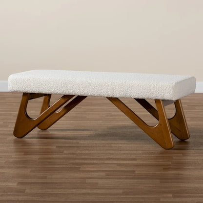 Rika Japandi Cream Boucle Fabric and Walnut Brown Finished Wood Bench