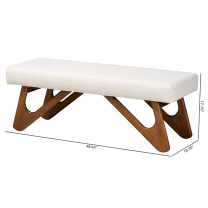 Rika Japandi Cream Boucle Fabric and Walnut Brown Finished Wood Bench