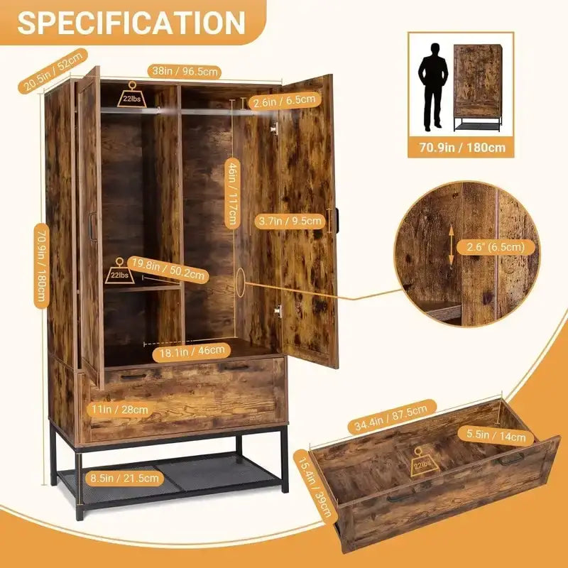 Freestanding Wardrobe Armoires Cabinet with Doors - N/A