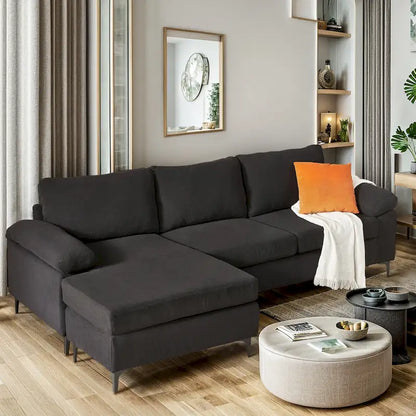 HOOOWOOO Modern Polyester Convertible Chaise Sofa with Metal Legs for Living Room