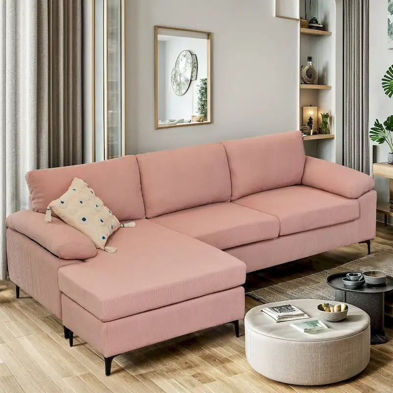 HOOOWOOO Modern Polyester Convertible Chaise Sofa with Metal Legs for Living Room
