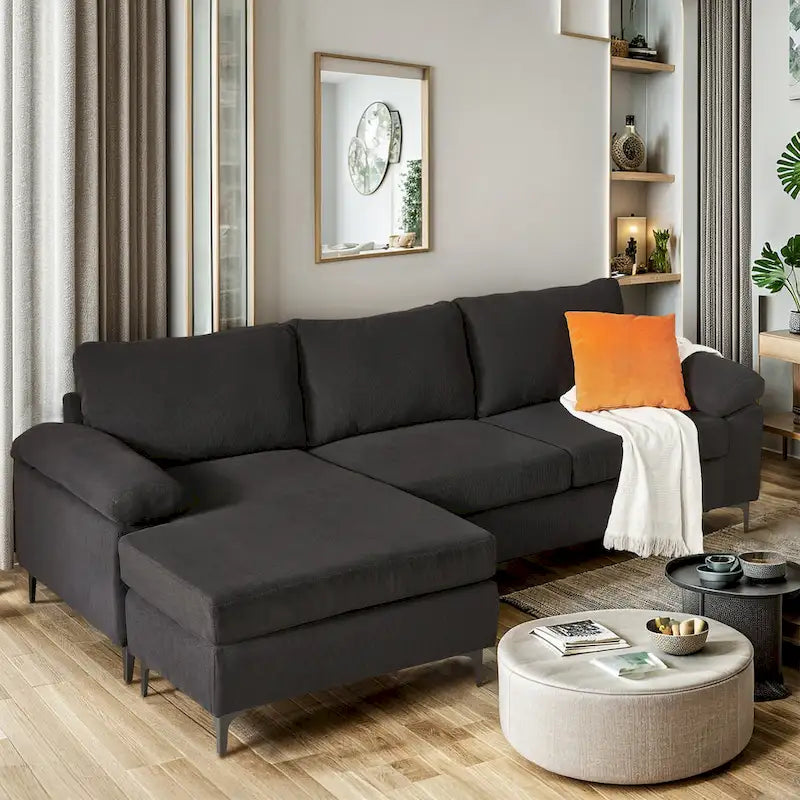 HOOOWOOO Modern Polyester Convertible Chaise Sofa with Metal Legs for Living Room