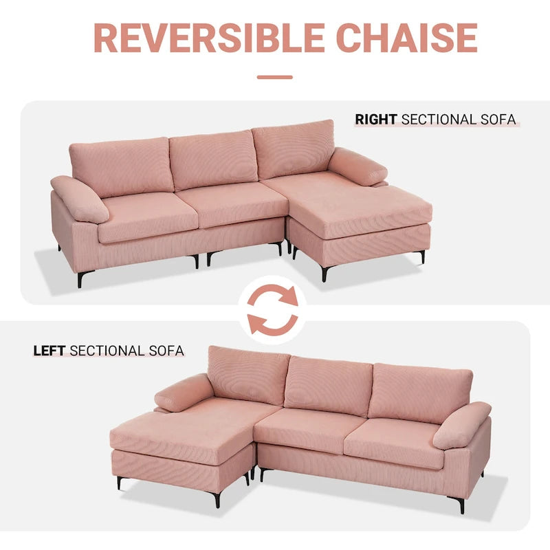 HOOOWOOO Modern Polyester Convertible Chaise Sofa with Metal Legs for Living Room