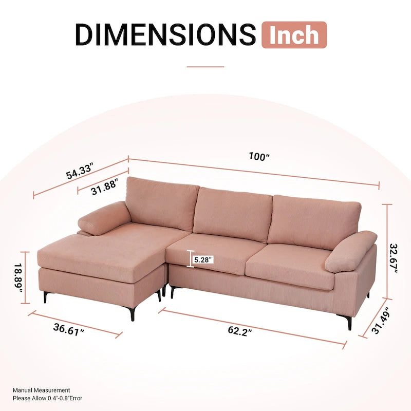 HOOOWOOO Modern Polyester Convertible Chaise Sofa with Metal Legs for Living Room