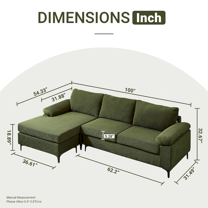 HOOOWOOO Modern Polyester Convertible Chaise Sofa with Metal Legs for Living Room