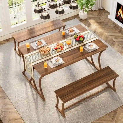 51 Farmhouse Brown Dining Table and Bench Set