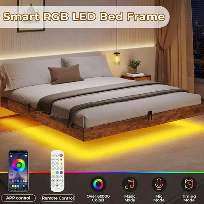 Bed Frame Floating LED Lights Industrial Wooden Metal Platform Bed