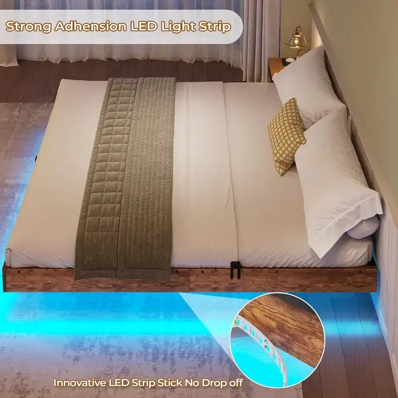 Bed Frame Floating LED Lights Industrial Wooden Metal Platform Bed
