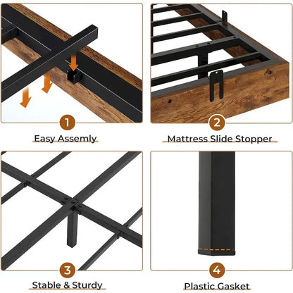 Bed Frame Floating LED Lights Industrial Wooden Metal Platform Bed