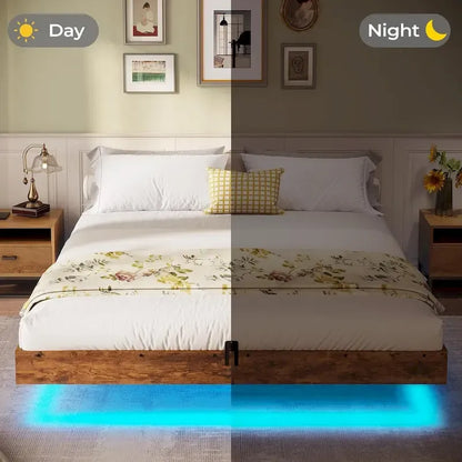 Bed Frame Floating LED Lights Industrial Wooden Metal Platform Bed