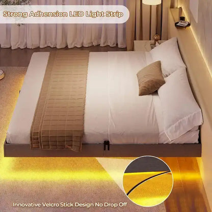 Bed Frame Floating LED Lights Industrial Wooden Metal Platform Bed