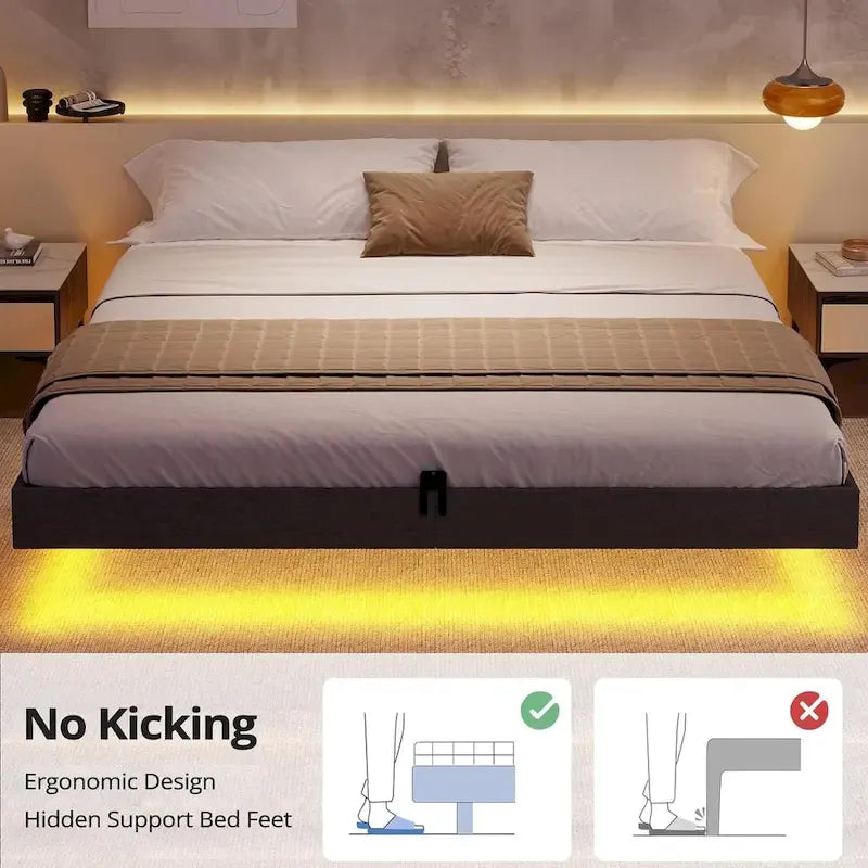 Bed Frame Floating LED Lights Industrial Wooden Metal Platform Bed