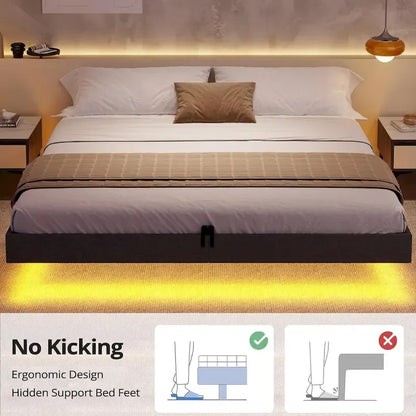 Bed Frame Floating LED Lights Industrial Wooden Metal Platform Bed