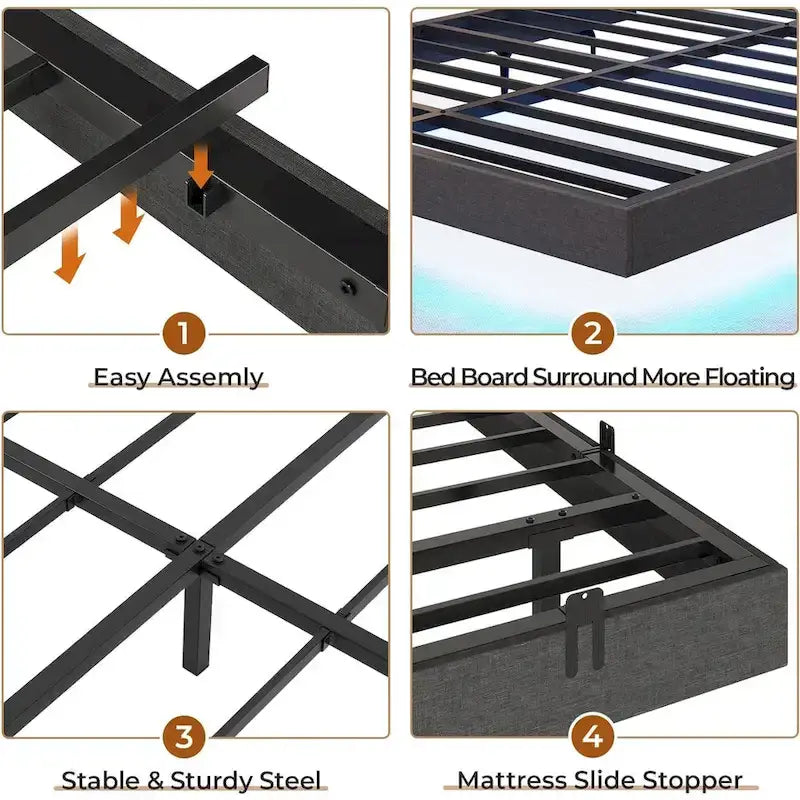 Bed Frame Floating LED Lights Industrial Wooden Metal Platform Bed