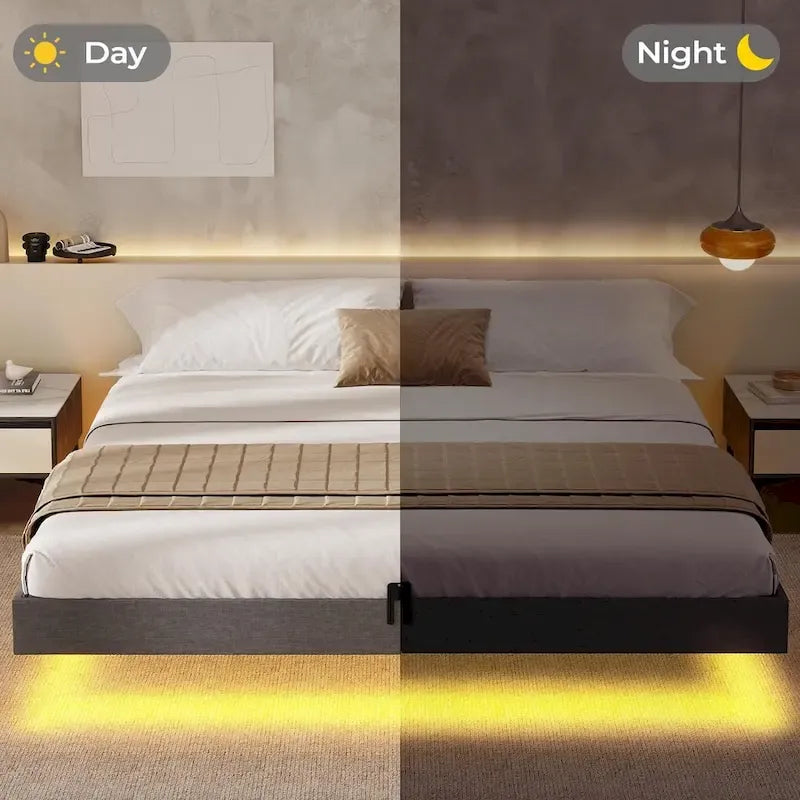 Bed Frame Floating LED Lights Industrial Wooden Metal Platform Bed