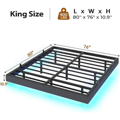 Bed Frame Floating LED Lights Industrial Wooden Metal Platform Bed