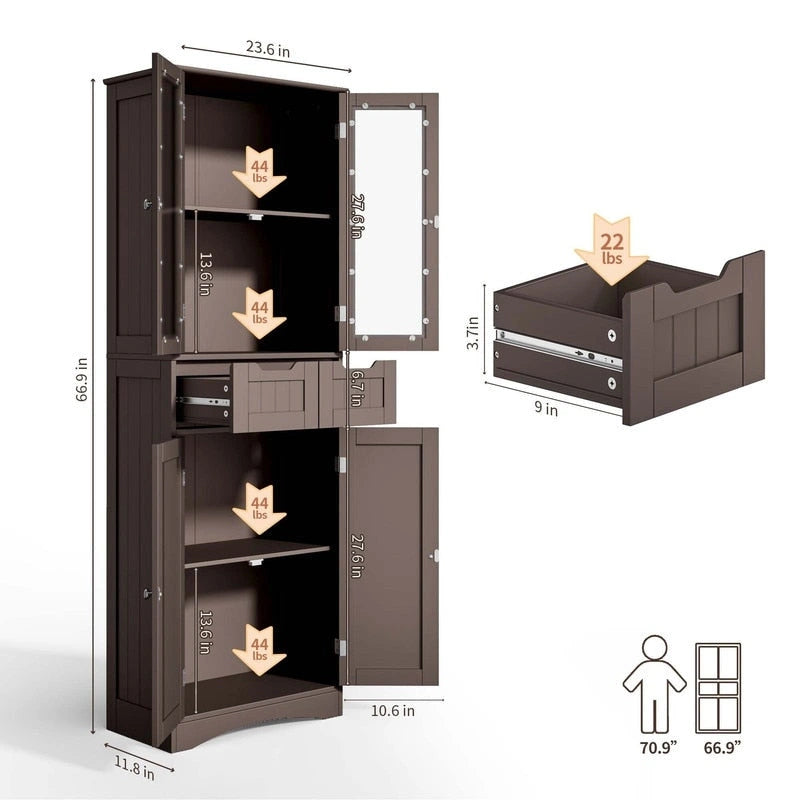 Tall Kitchen Pantry Cabinet, Freestanding Storage Cabinet, Bathroom Storage Cabinet with Doors