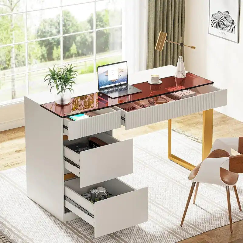 47 Inch Modern Computer Desk with 4 Drawers, Home Office Desk with Glass Top, Makeup Vanity Table