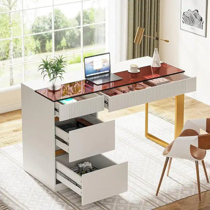 47 Inch Modern Computer Desk with 4 Drawers, Home Office Desk with Glass Top, Makeup Vanity Table