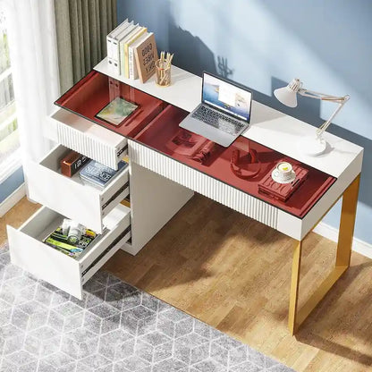 47 Inch Modern Computer Desk with 4 Drawers, Home Office Desk with Glass Top, Makeup Vanity Table