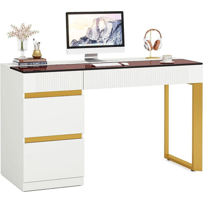 47 Inch Modern Computer Desk with 4 Drawers, Home Office Desk with Glass Top, Makeup Vanity Table