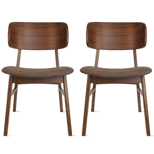 Set of 2 Retro Brown Wood Leg Dining Room Chair With Curved Back Fabric Cushions Upholstered Seat