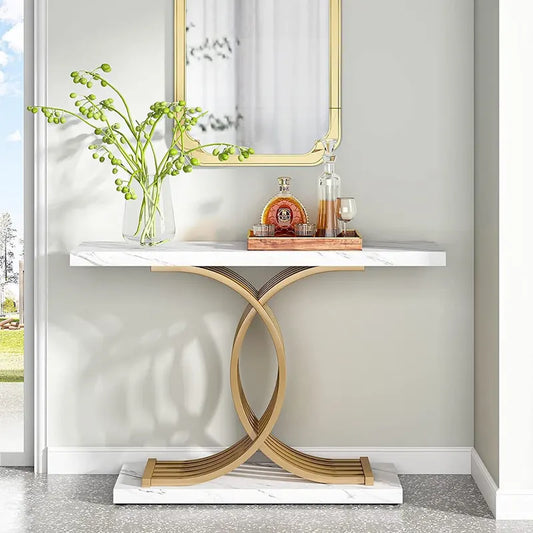 Modern Faux Marble Hallway Table with Geometric 40 Narrow