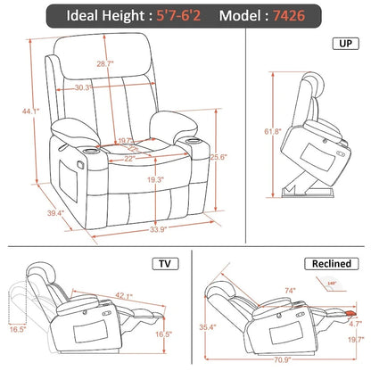 MCombo Large Power Lift Recliner with Extended Footrest for Big and Tall Elderly People, Hand Remote, Cup Holders, Fabric 7426