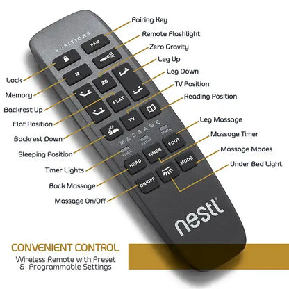 Nestl Adjustable Massaging Bed Frame Base with Wireless Remote