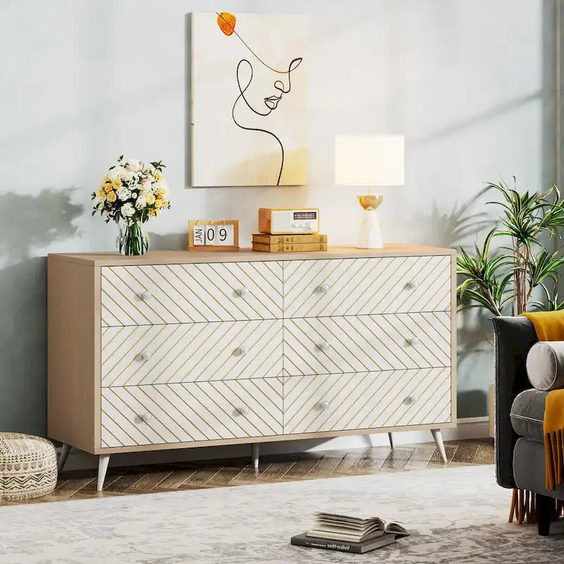 6-Drawer Storage Cabinet Dresser with Metal Legs for Bedroom Living Room Entryway