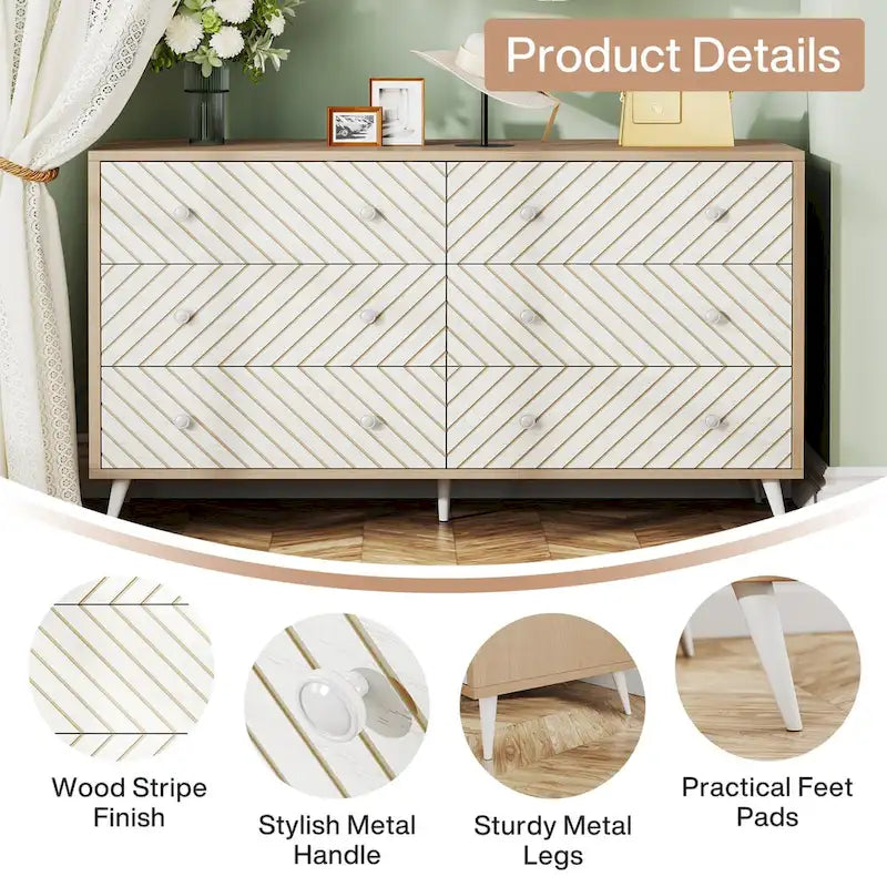 6-Drawer Storage Cabinet Dresser with Metal Legs for Bedroom Living Room Entryway