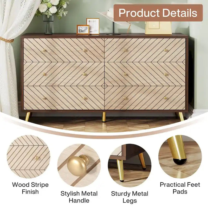 6-Drawer Storage Cabinet Dresser with Metal Legs for Bedroom Living Room Entryway