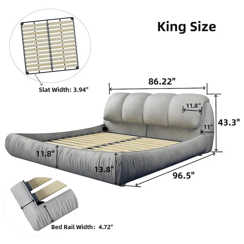 King Size Upholstered Platform Bed with Oversized Padded Backrest