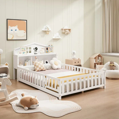 Full-size Floor Beds with Bookcases and Blackboards for Kids