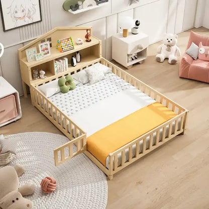 Full-size Floor Beds with Bookcases and Blackboards for Kids