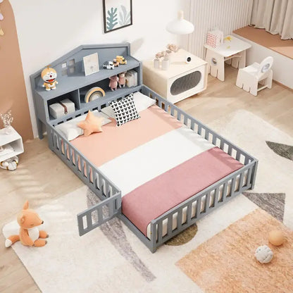 Full-size Floor Beds with Bookcases and Blackboards for Kids