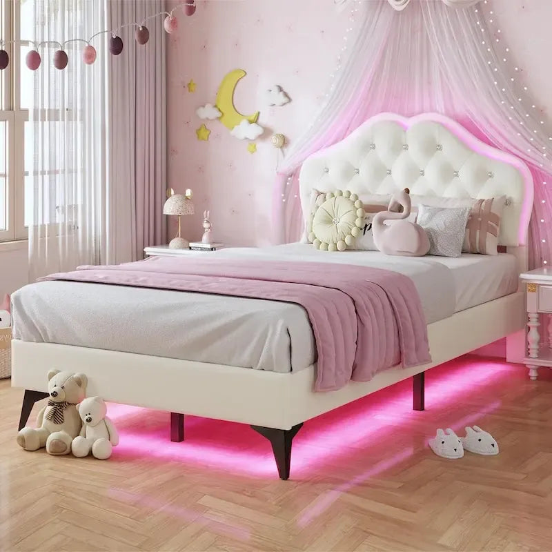 Girls Bed Frame Princess Platform Bed Crystal Button Headboard