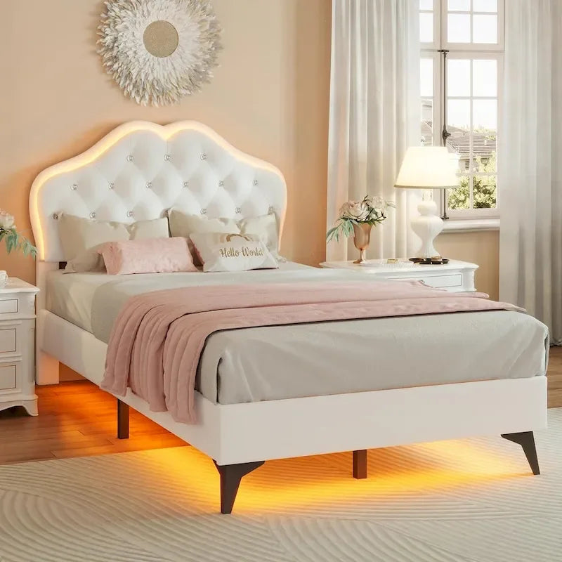 Girls Bed Frame Princess Platform Bed Crystal Button Headboard