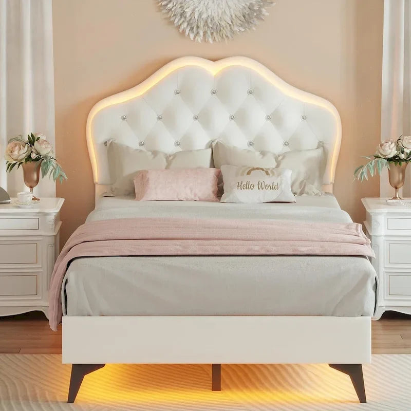 Girls Bed Frame Princess Platform Bed Crystal Button Headboard