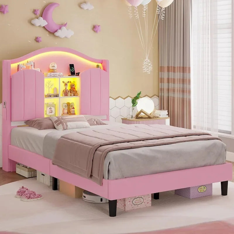 Girls Bed Frame Princess Platform Bed Crystal Button Headboard