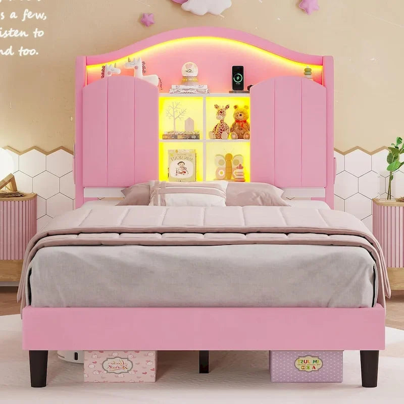 Girls Bed Frame Princess Platform Bed Crystal Button Headboard