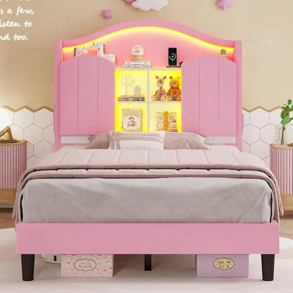 Girls Bed Frame Princess Platform Bed Crystal Button Headboard