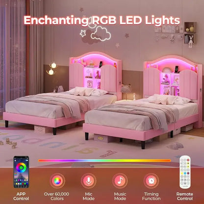 Girls Bed Frame Princess Platform Bed Crystal Button Headboard