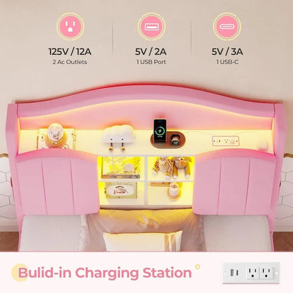 Girls Bed Frame Princess Platform Bed Crystal Button Headboard