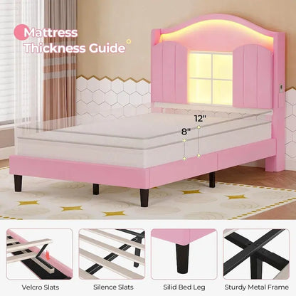 Girls Bed Frame Princess Platform Bed Crystal Button Headboard