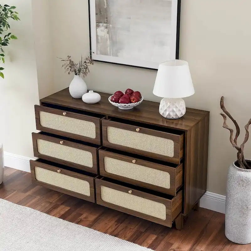 Modern Rattan Solid Wood Dresser with 6 Drawers for Bedroom